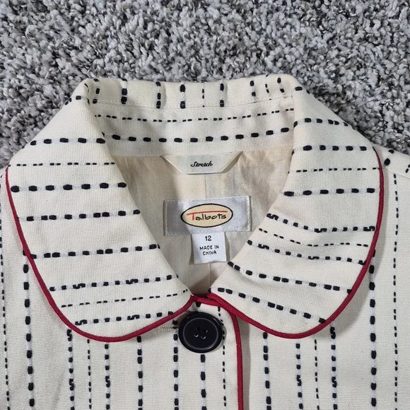 Talbots Blazer Womens Size 12 Embroidered Stripes Red Trim Cotton Jacket Preppy - Picture 3 of 8